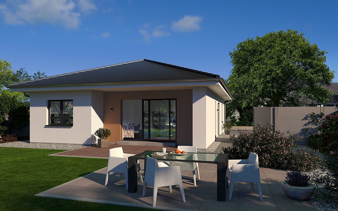Bungalow Lifetime 2 von allkauf, Ansicht Garten am Tag mit Variante Walmdach