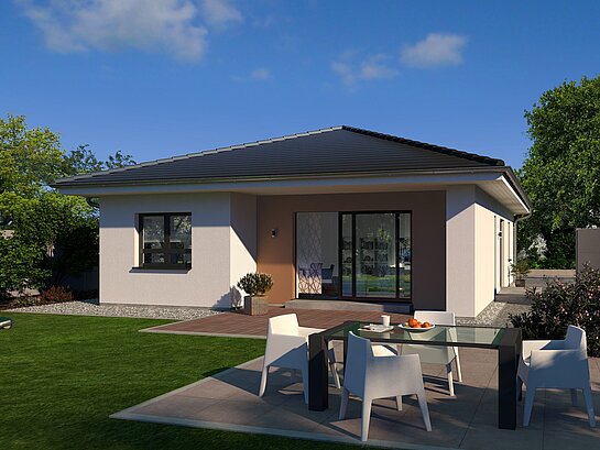 Bungalow Lifetime 2 von allkauf, Ansicht Garten am Tag mit Variante Walmdach