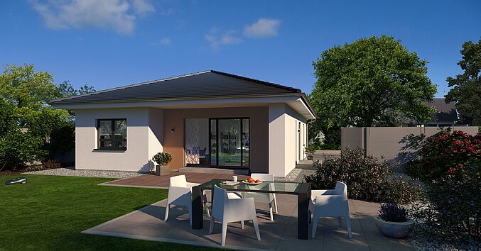Bungalow Lifetime 2 von allkauf, Ansicht Garten am Tag mit Variante Walmdach