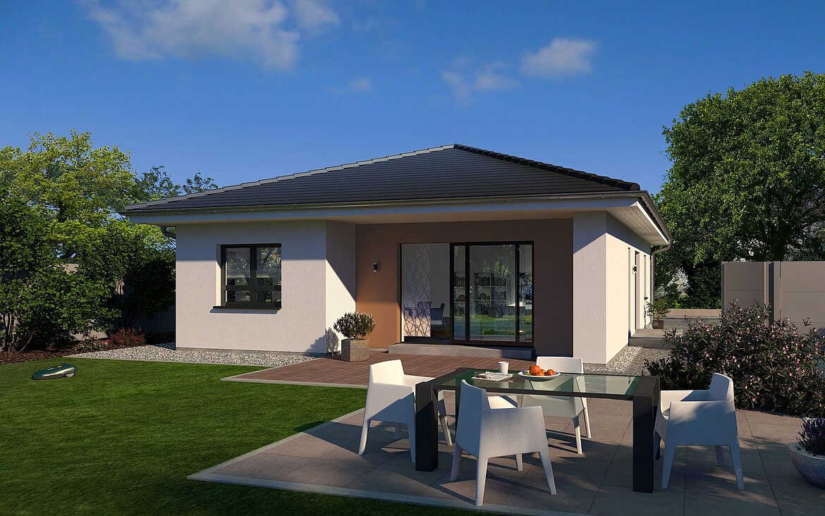 Bungalow Lifetime 2 von allkauf, Ansicht Garten am Tag mit Variante Walmdach