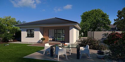 Bungalow Lifetime 2 von allkauf, Ansicht Garten am Tag mit Variante Walmdach