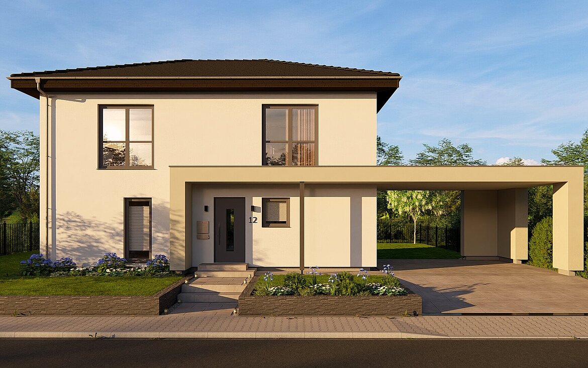 Einfamilienhaus Chance 2 von allkauf, Ansicht Eingang frontal bei Sonnenuntergang