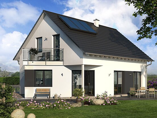 Einfamilienhaus Home 7 von allkauf, Ansicht Garten am Tag mit Solaranlage