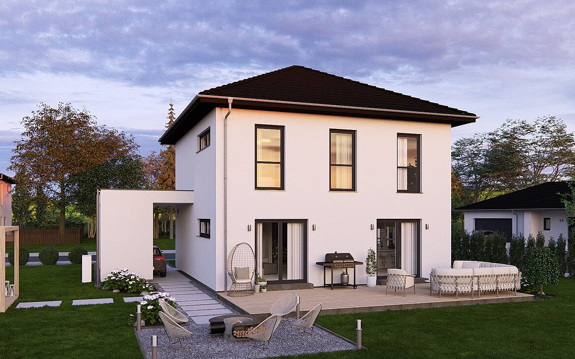 Aktionshaus Pure Home 4 von allkauf. Rückansicht am Abend