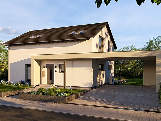 Einfamilienhaus Chance 1 von allkauf, Ansicht Eingang bei Sonnenuntergang