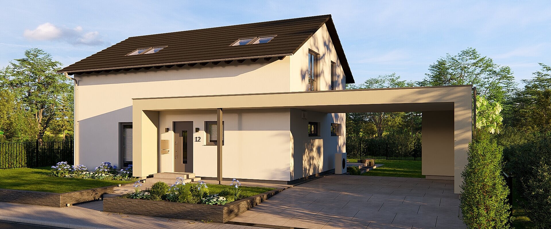 Einfamilienhaus Chance 1 von allkauf, Ansicht Eingang bei Sonnenuntergang