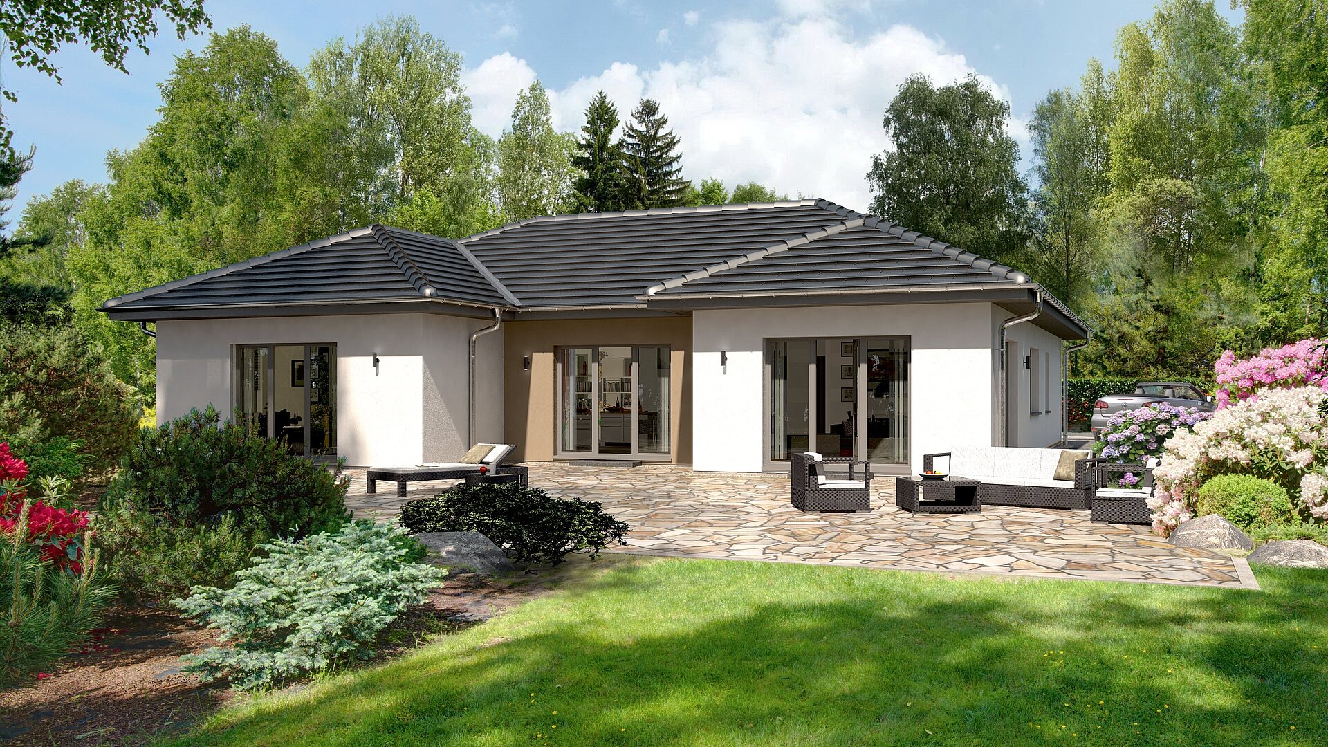 Rendering großer Bungalow Lifetime 9 mit knapp 200 m² von allkauf, Ansicht Garten am Tag