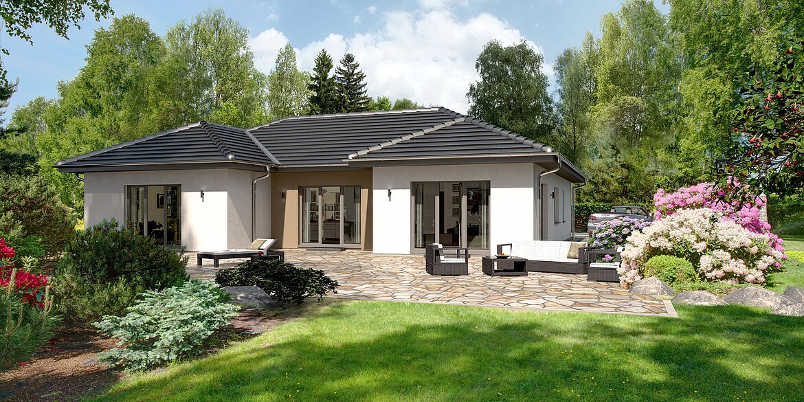 Rendering großer Bungalow Lifetime 9 mit knapp 200 m² von allkauf, Ansicht Garten am Tag