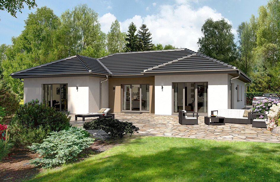 großer Bungalow Lifetime 9 mit knapp 200 m² von allkauf, Ansicht Garten am Tag