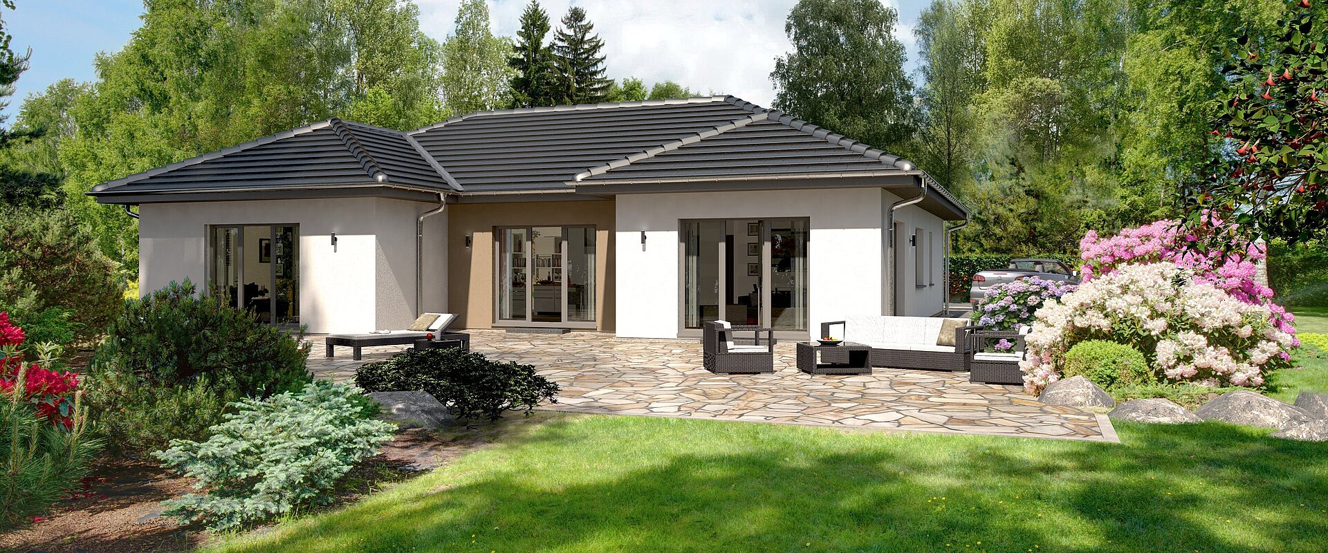 Rendering großer Bungalow Lifetime 9 mit knapp 200 m² von allkauf, Ansicht Garten am Tag
