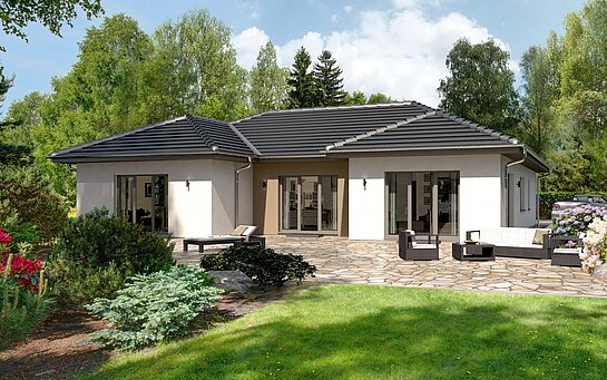 Rendering großer Bungalow Lifetime 9 mit knapp 200 m² von allkauf, Ansicht Garten am Tag