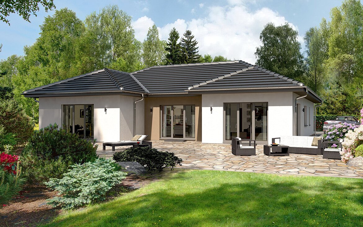 Rendering großer Bungalow Lifetime 9 mit knapp 200 m² von allkauf, Ansicht Garten am Tag