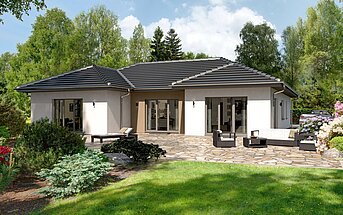 Rendering großer Bungalow Lifetime 9 mit knapp 200 m² von allkauf, Ansicht Garten am Tag