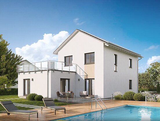 Einfamilienhaus Home 3 mit Satteldach und Anbaustein von allkauf, Ansicht Garten am Tag