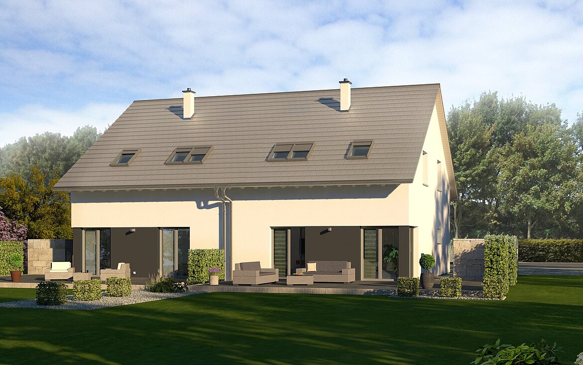 Mehrfamilienhaus Generation 7 von allkauf, Ansicht Garten am Tag im Sommer