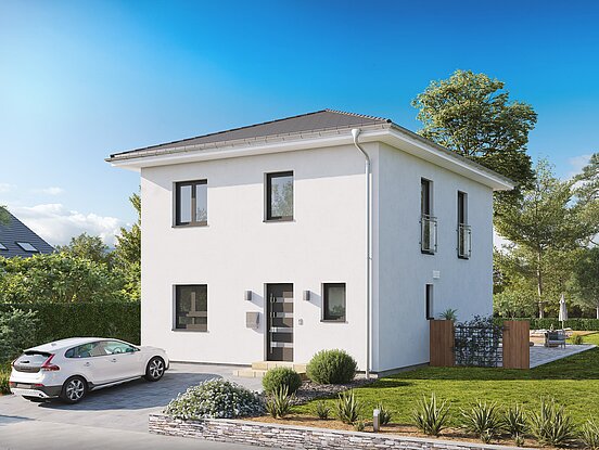Einfamilienhaus Home 2 von allkauf 2-geschossig mit Walmdach, Ansicht Eingang am Tag