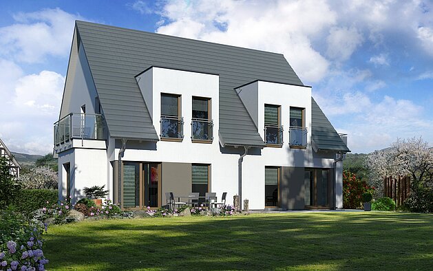 Mehrfamilienhaus Double 1 von allkauf, Ansicht Garten am Tag