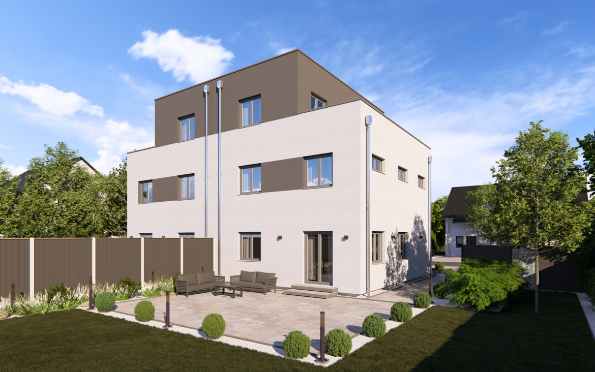 Mehrfamilienhaus Double 12 F von allkauf, Ansicht Garten am Tag