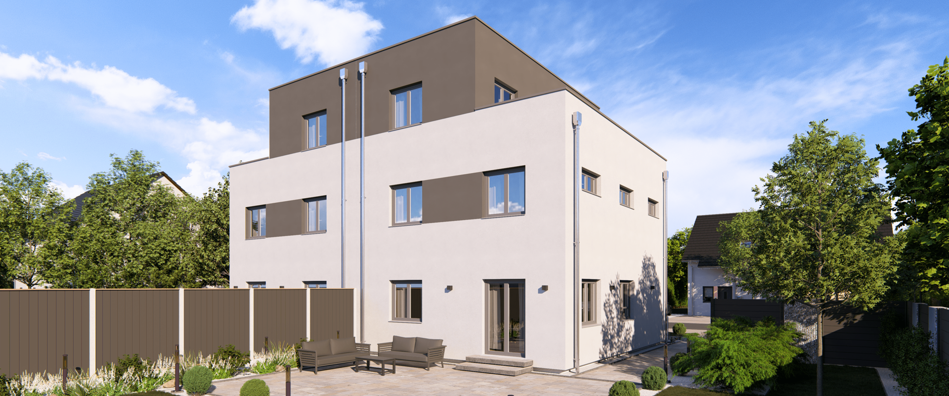 Mehrfamilienhaus Double 12 F von allkauf, Ansicht Garten am Tag