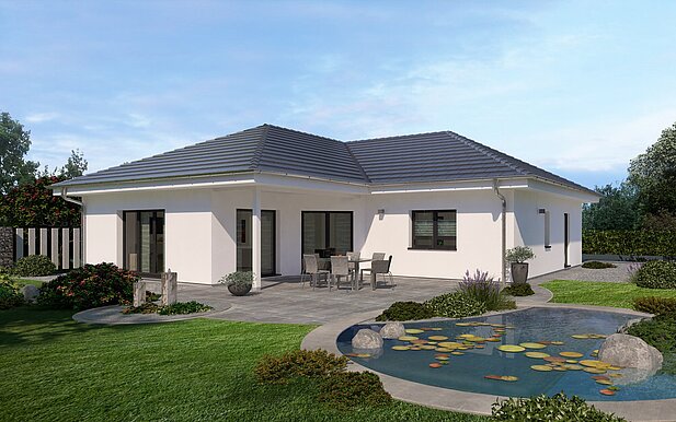 Bungalow Lifetime 5 von allkauf, Ansicht Garten am Tag mit Variante Walmdach