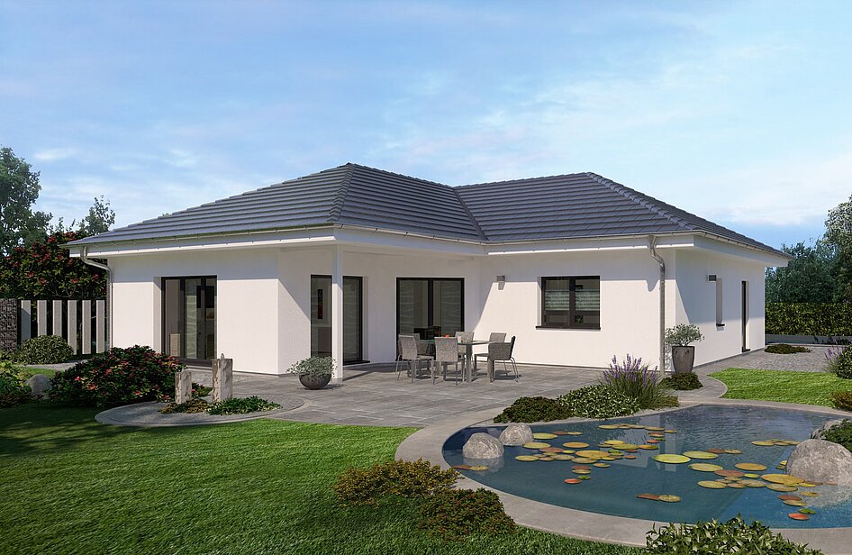 Bungalow Lifetime 5 von allkauf, Ansicht Garten am Tag mit Variante Walmdach