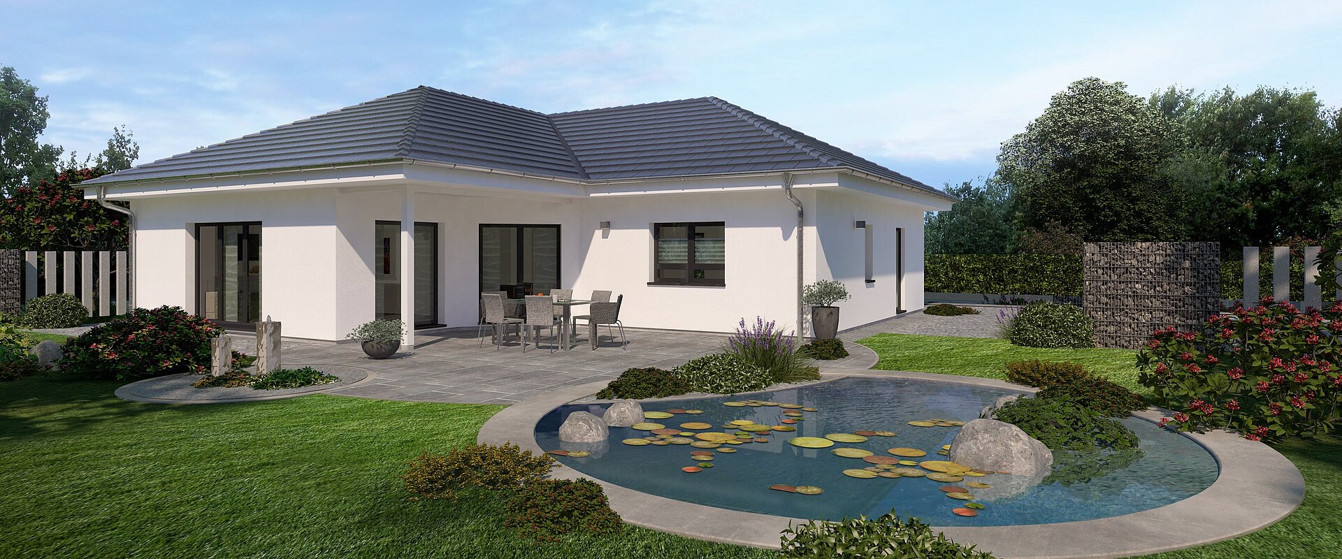 Bungalow Lifetime 5 von allkauf, Ansicht Garten am Tag mit Variante Walmdach