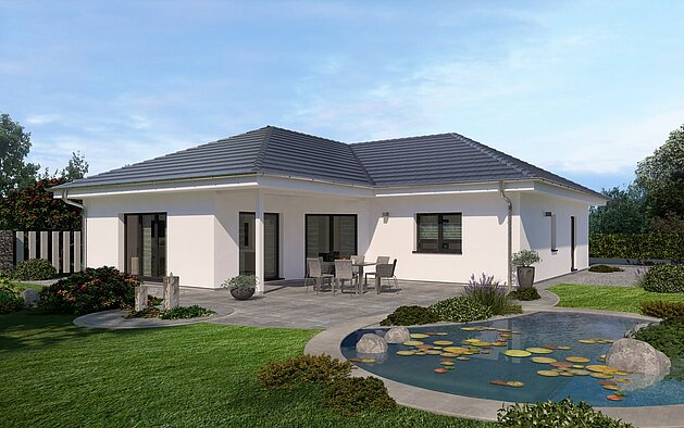 Bungalow Lifetime 5 von allkauf, Ansicht Garten am Tag mit Variante Walmdach