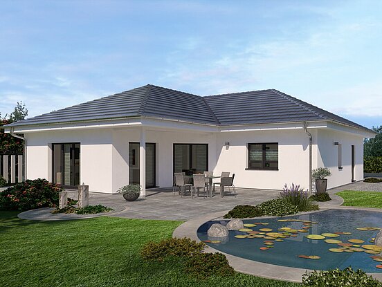 Bungalow Lifetime 5 von allkauf, Ansicht Garten am Tag mit Variante Walmdach