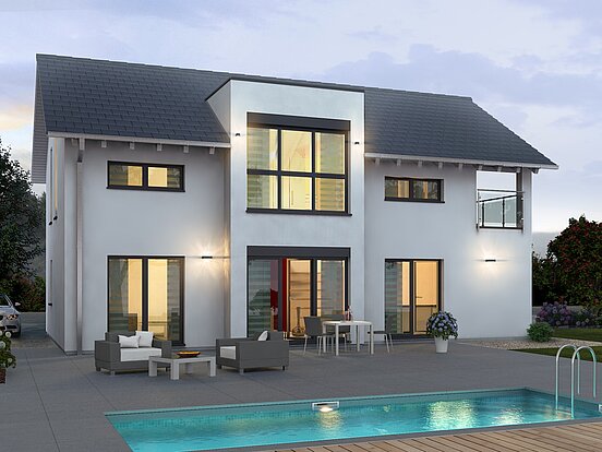 Einfamilienhaus Prestige 2 mit Pool von allkauf, Ansicht Garten bei Dämmerung