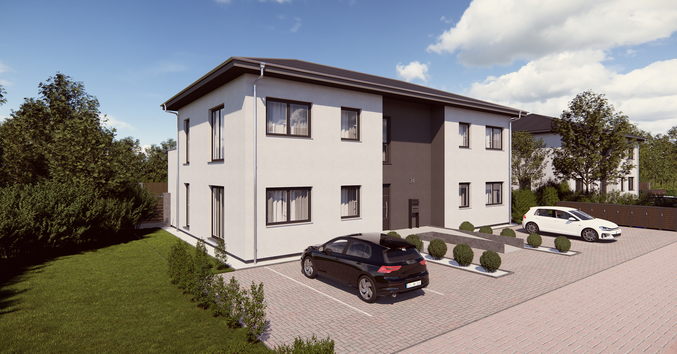 Mehrfamilienhaus Apartment 3 von allkauf, Blick auf Parkplatz vorm Haus