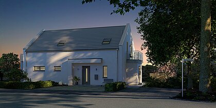 Mehrfamilienhaus Generation 2 von allkauf, Vorderansicht am Abend 