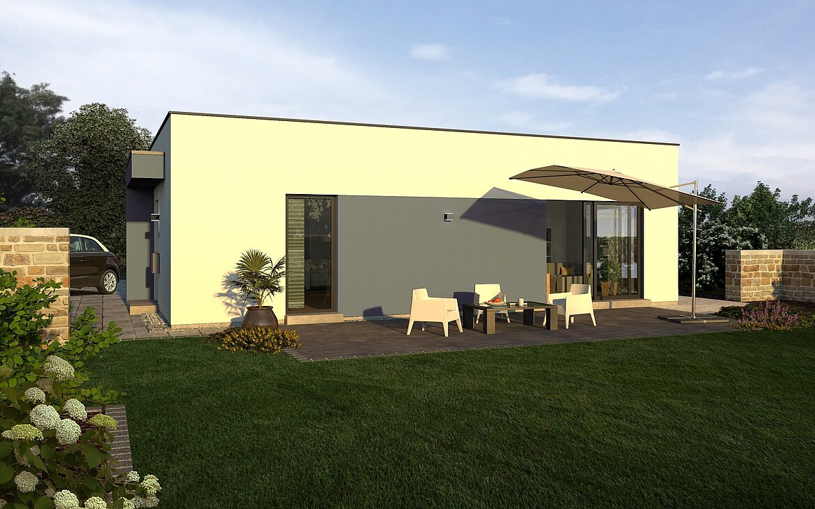 Bungalow Lifetime 6 von allkauf, Ansicht Garten am Tag mit Variante Flachdach