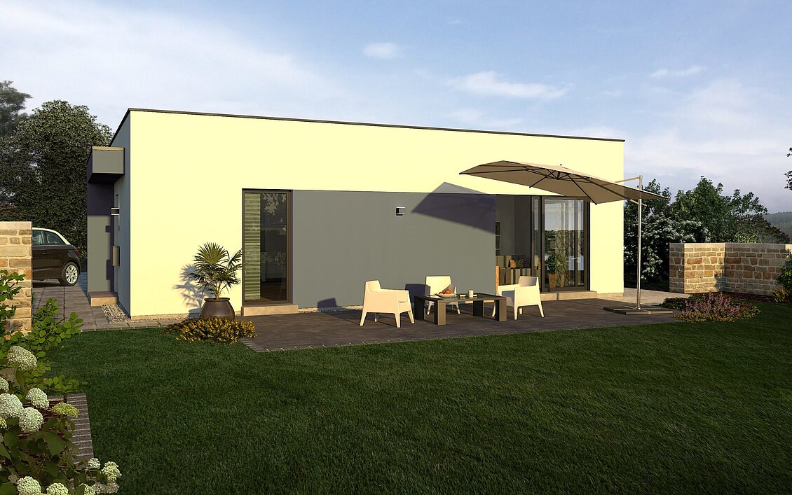 Bungalow Lifetime 6 von allkauf, Ansicht Garten am Tag mit Variante Flachdach