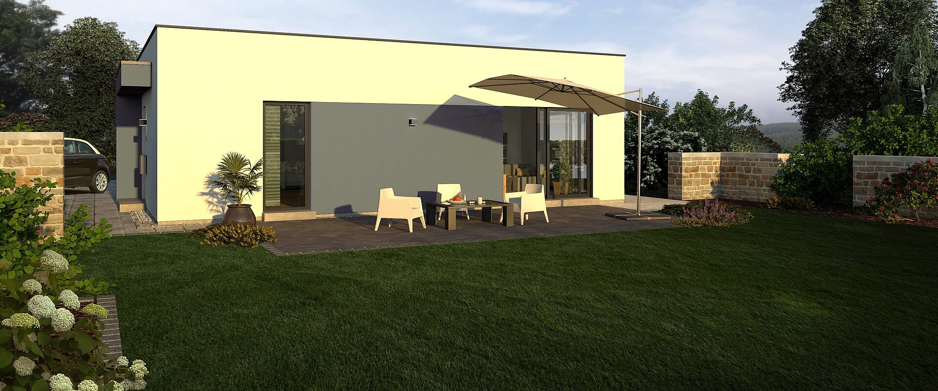 Bungalow Lifetime 6 von allkauf, Ansicht Garten am Tag mit Variante Flachdach