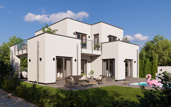 Flachdachhaus aus Gartensicht zweistöckig