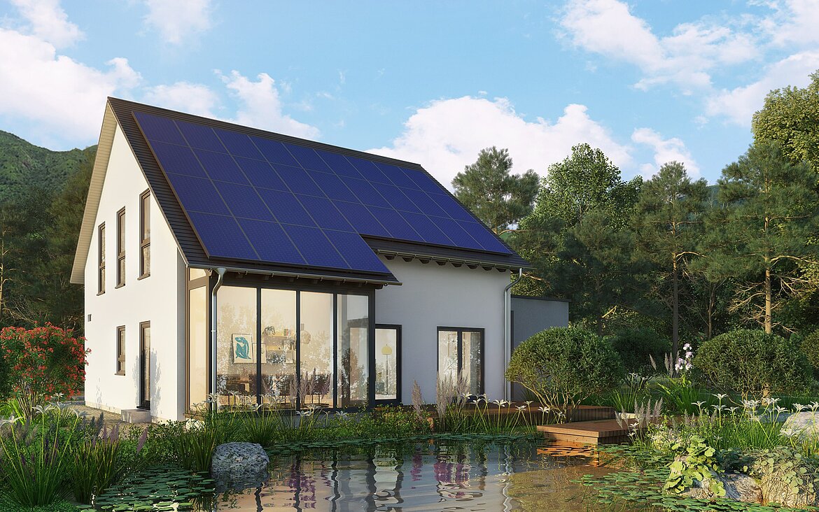 Aktionshaus Move 5 von allkauf, Ansicht Garten am Tag im Frühling.