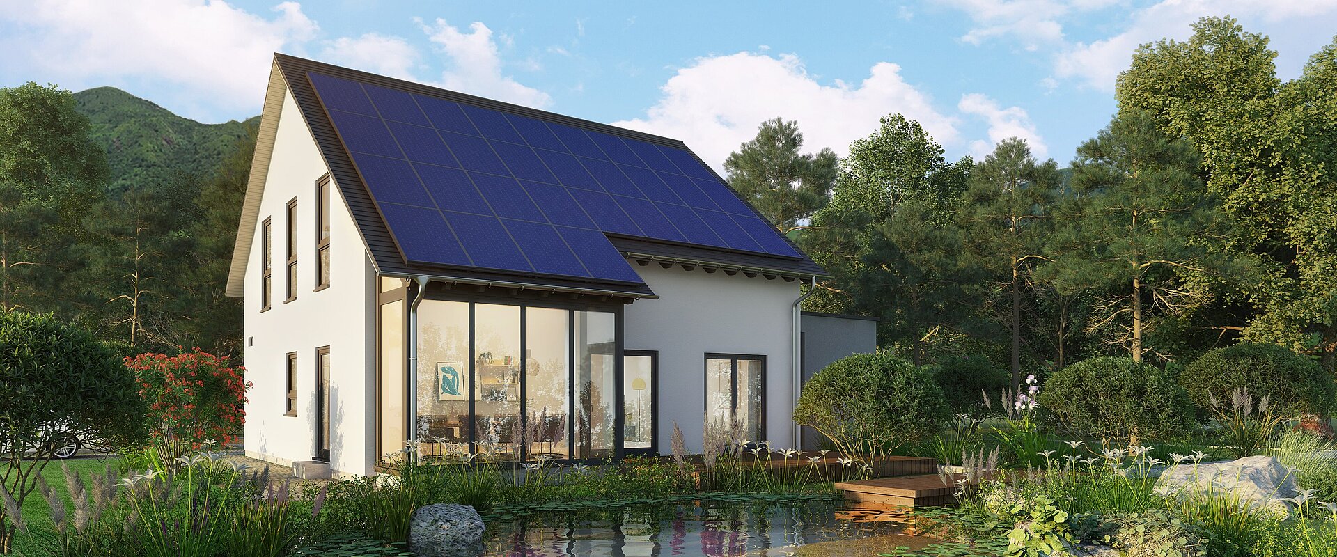 Aktionshaus Move 5 von allkauf, Ansicht Garten am Tag im Frühling.