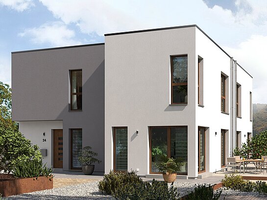 Doppelhaus Double 8 mit Flachdach von allkauf, Ansicht Garten am Tag