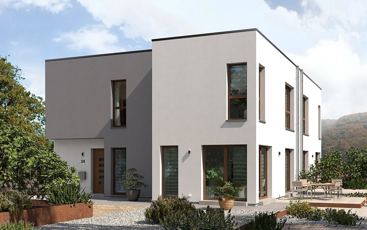 Doppelhaus Double 8 mit Flachdach von allkauf, Ansicht Garten am Tag