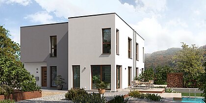 Doppelhaus Double 8 mit Flachdach von allkauf, Ansicht Garten am Tag