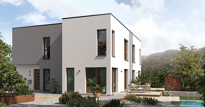 Doppelhaus Double 8 mit Flachdach von allkauf, Ansicht Garten am Tag