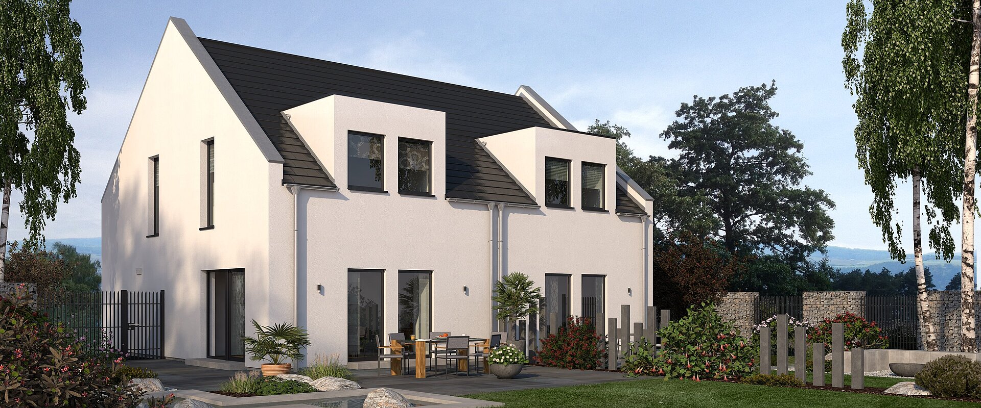Mehrfamilienhaus Double 7 von allkauf, Ansicht Garten am Tag