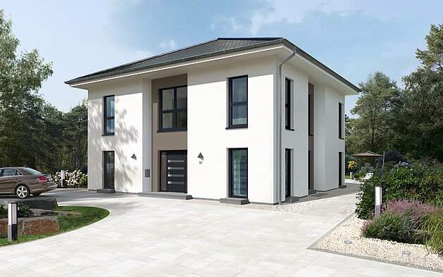Stadtvilla City Villa 1 von allkauf. Vorderansicht bei Tag.