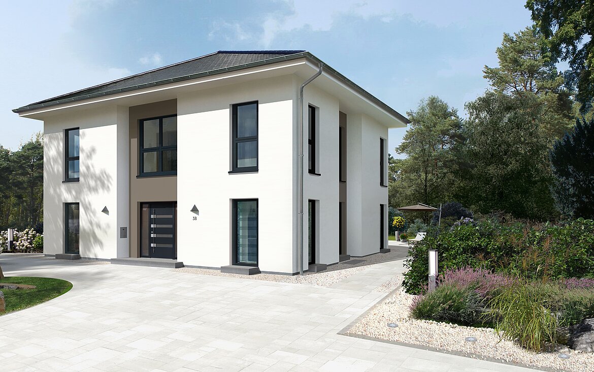 Stadtvilla City Villa 1 von allkauf. Vorderansicht bei Tag.