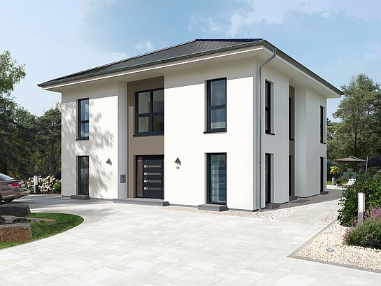 Stadtvilla City Villa 1 von allkauf. Vorderansicht bei Tag.